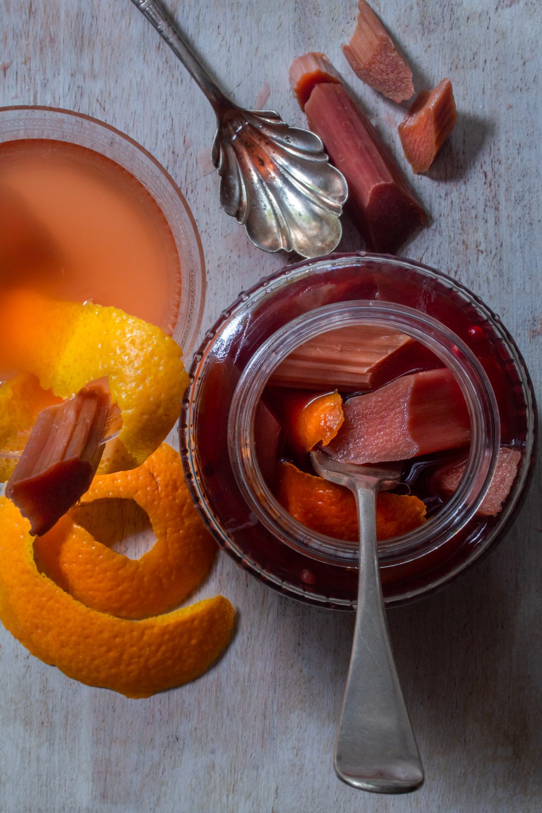 Rhubarb quick pickle with cinnamon myrtle, ginger, pink pepper & orange: with pickle detail