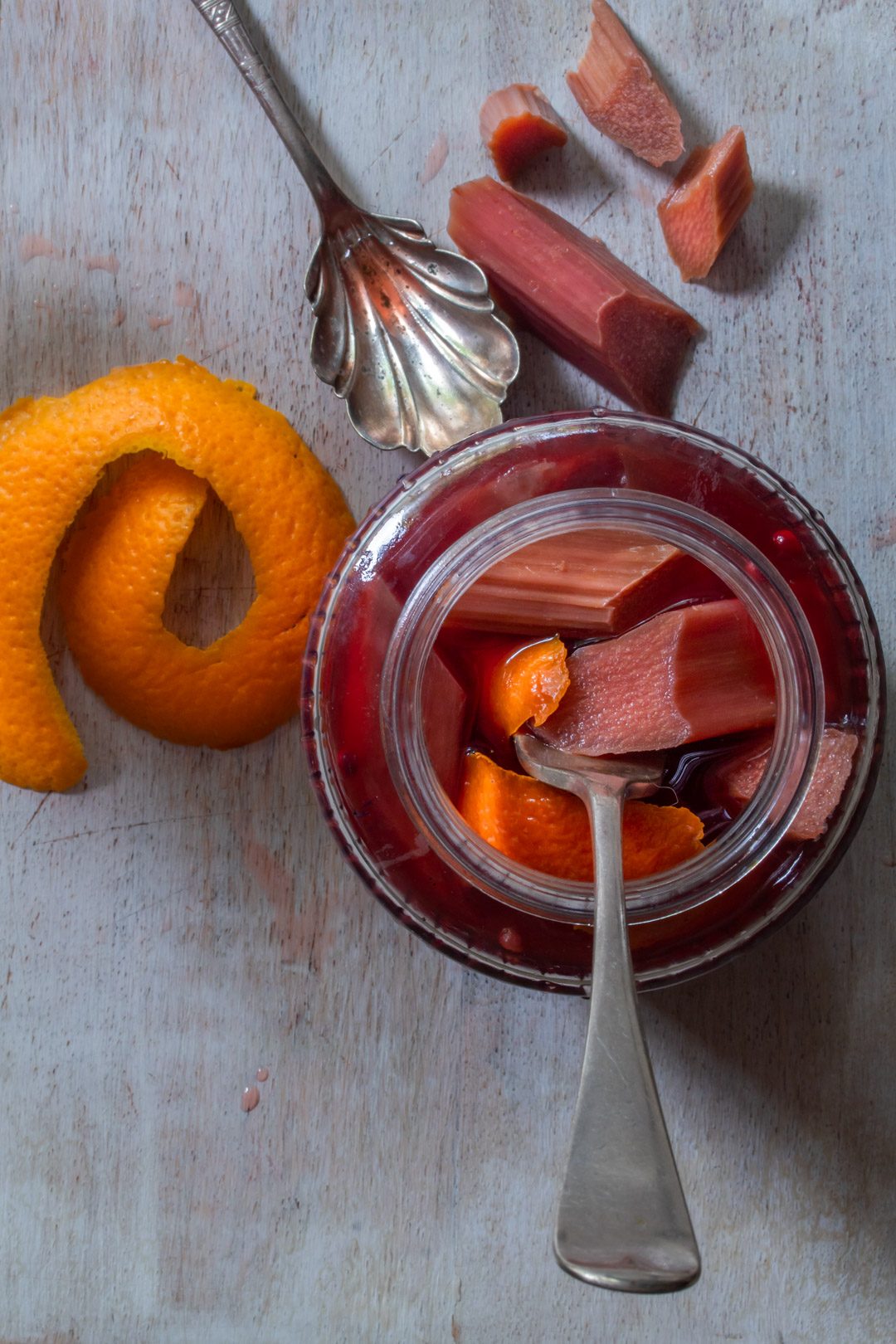 Rhubarb quick pickle with cinnamon myrtle, ginger, pink pepper & orange: with orange twist