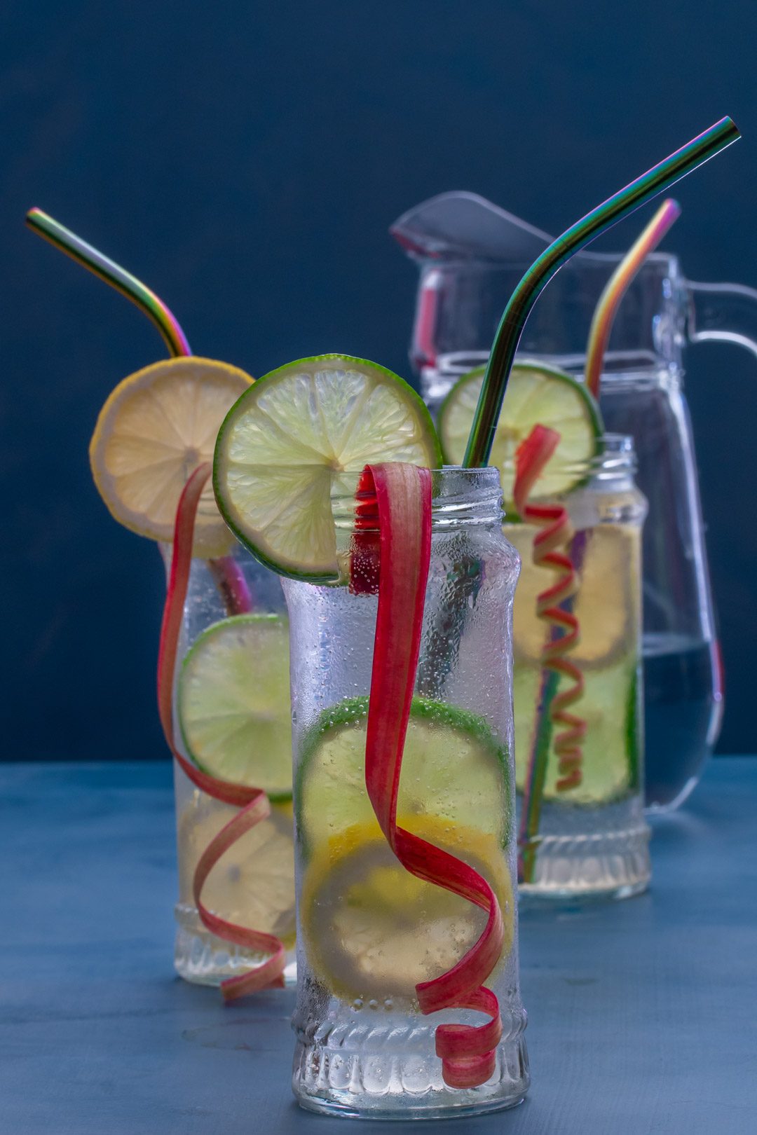 lemon, lime and rhubarb bitters with jug in background