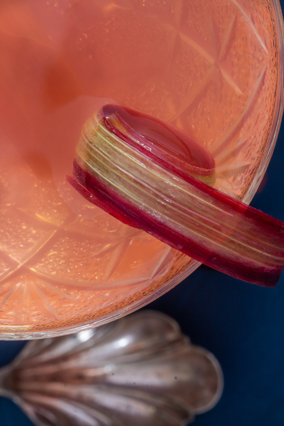 Rhubarb pickle corpse reviver no. 2 cocktail: from above with shell spoon detail