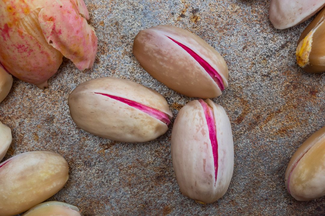 close up of pistachios used for making pistachio rose water orgeat syrup