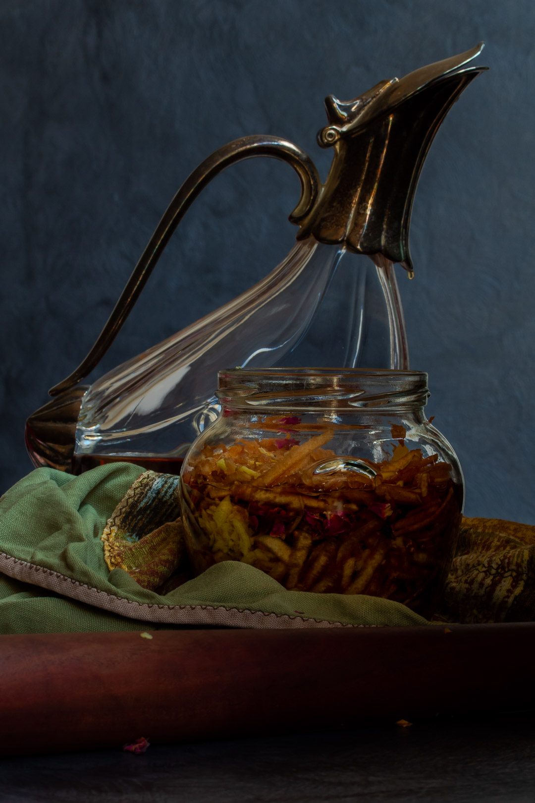 Making Vintage Quince Cordial with decanter in background