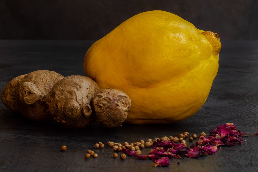 Vintage Quince Cordial with ginger, rose, coriander close up