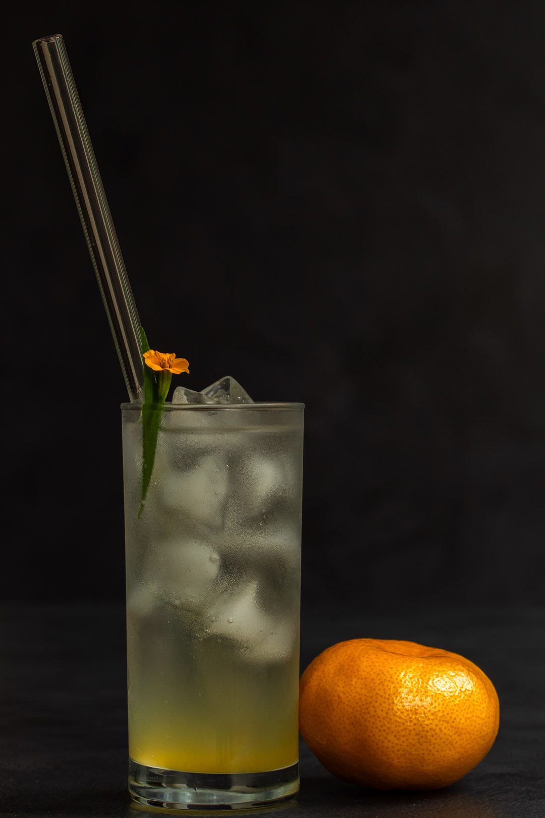 Mandarin tarragon shrub syrup drinking vinegar with mandarin in foreground