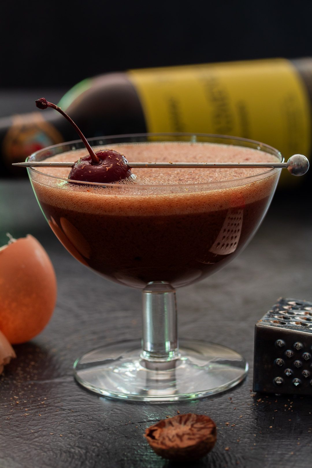 Pickled cherry chocolate sherry flip cocktail | Peck of Pickles