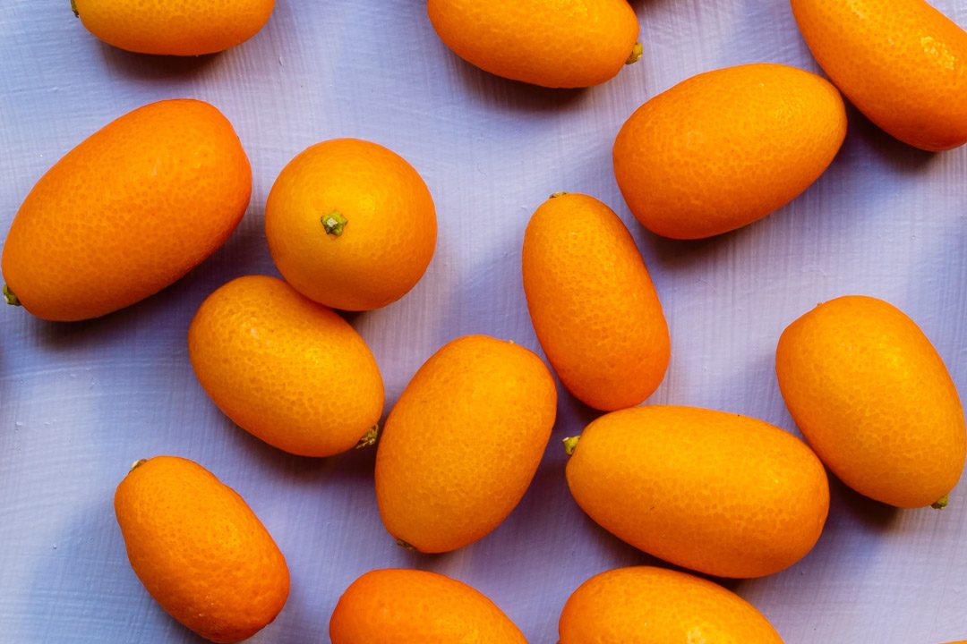 making cumquat brandy with cumquats on light purple background