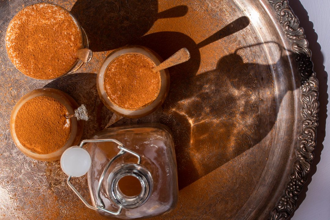 lemon myrtle ginger beer spiders from above with bottle on silver tray