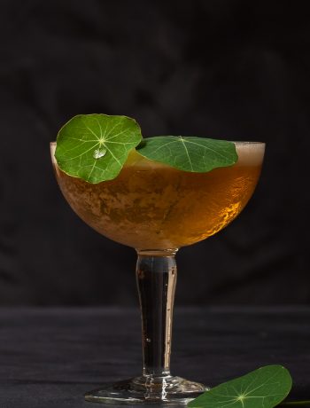 honey rhubarb silver sour with water drop on a nasturtium leaf garnish