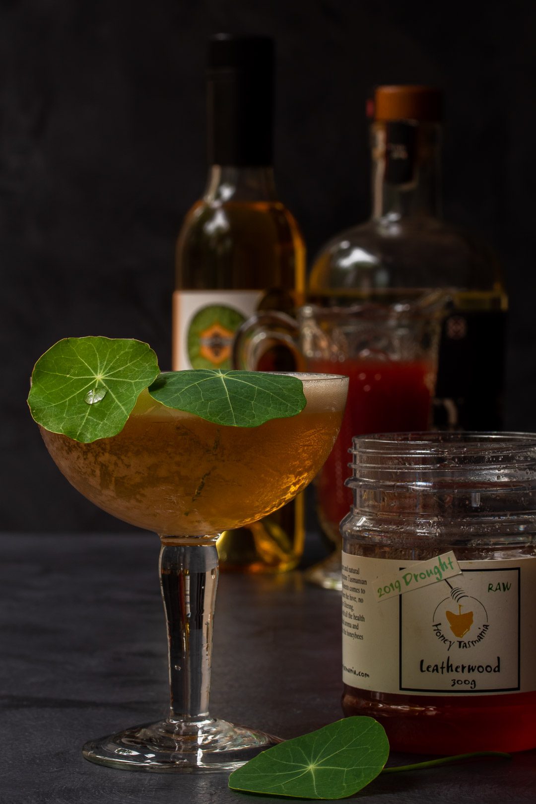 honey rhubarb silver sour with 2019 drought honey in foreground