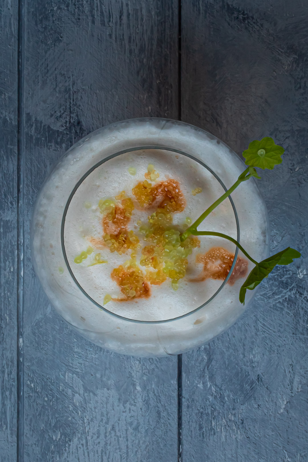 finger lime silver sour from above with nasturtium leaf