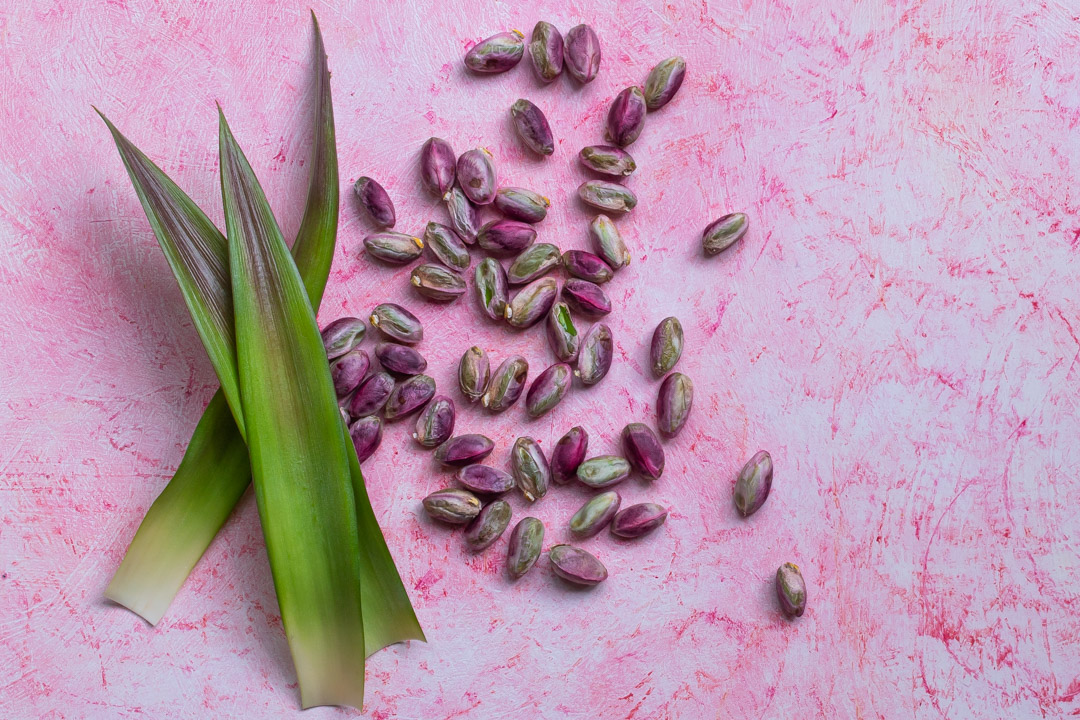 shelled pistachios and pineapplel leaves for pineapple pistachio cream lactart