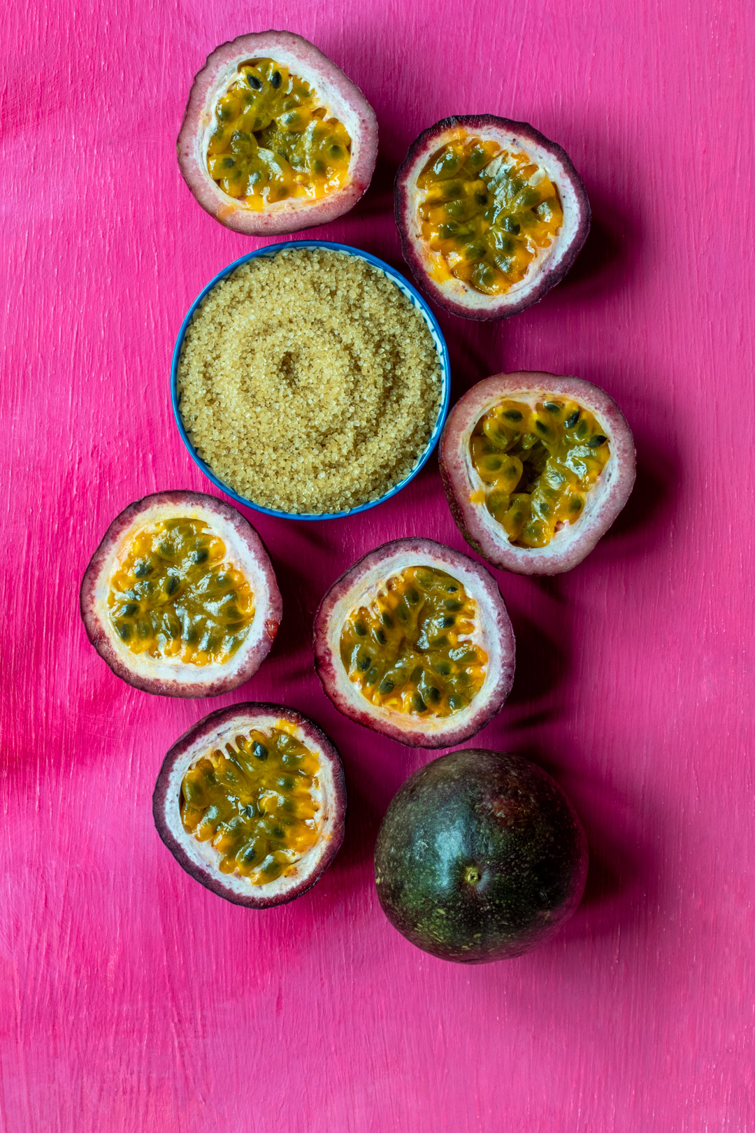 fresh passionfruits and demerara sugar for making passionfruit syrup for the esperança